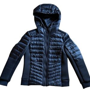 DKNY SPORT MIXED MEDIA HOODED BLACK PUFFER JACKET & THUMBHOLE CUFFS SZ SMALL